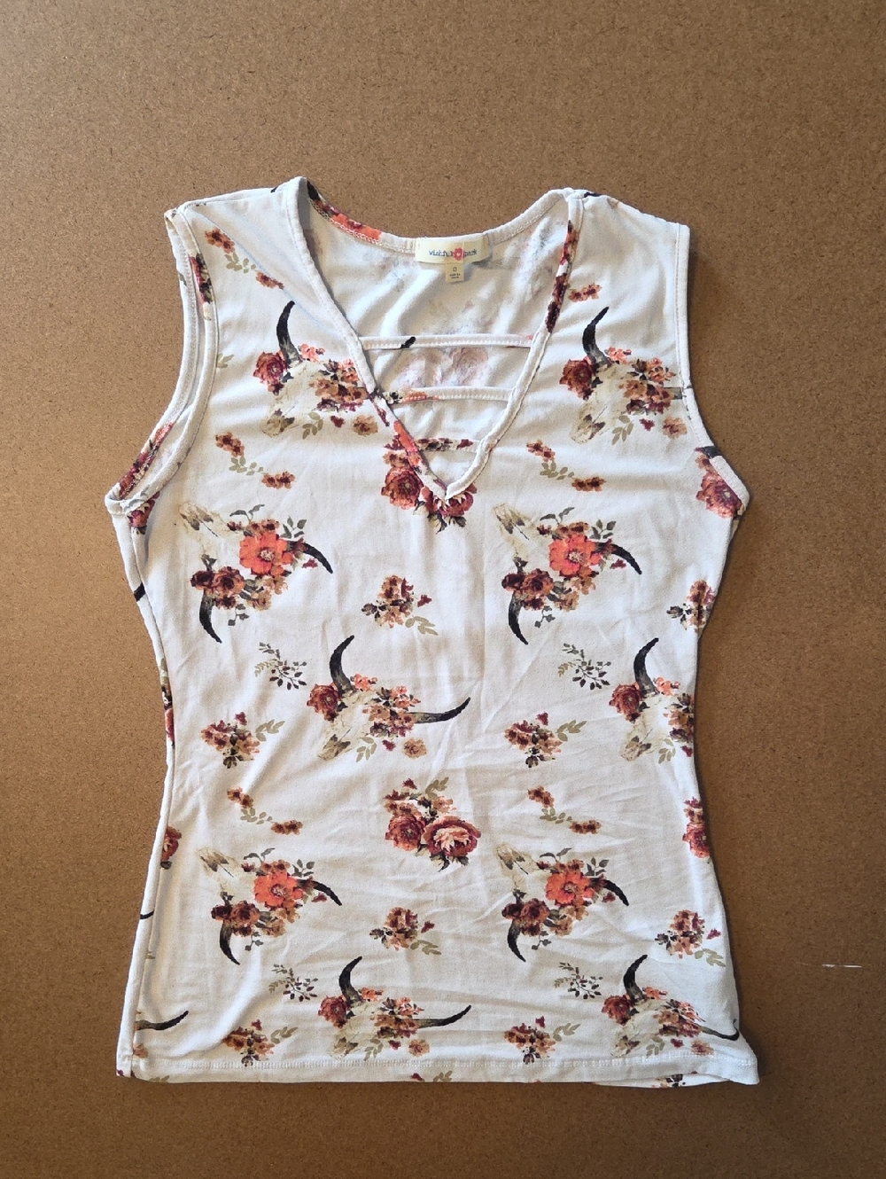 Floral Crisscross V-Neck Tank Top - White with Rust Floral